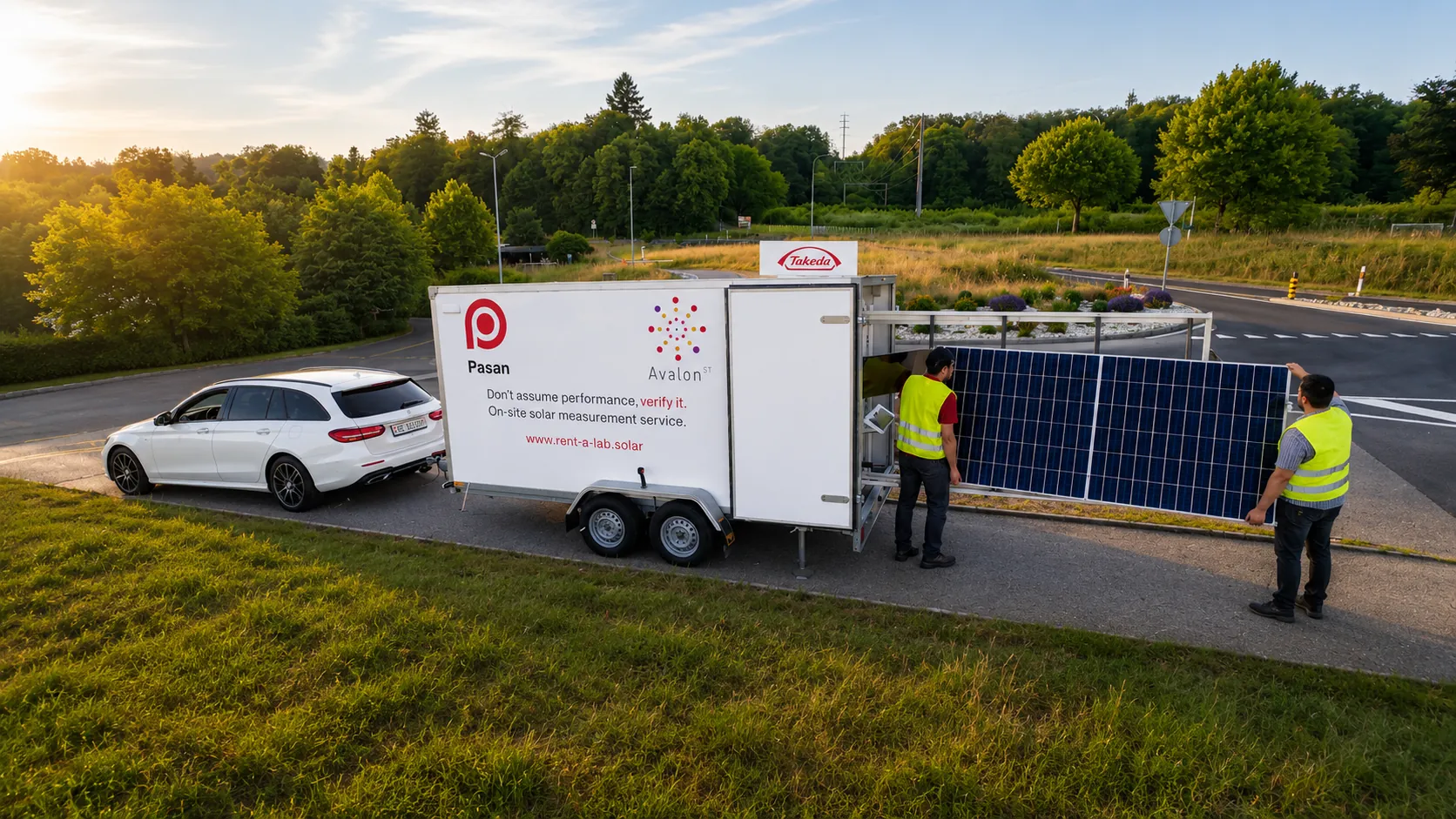 rent-a-lab.solar Pasan measurement trailer hitched to an estate car at a solar plant, golden hour